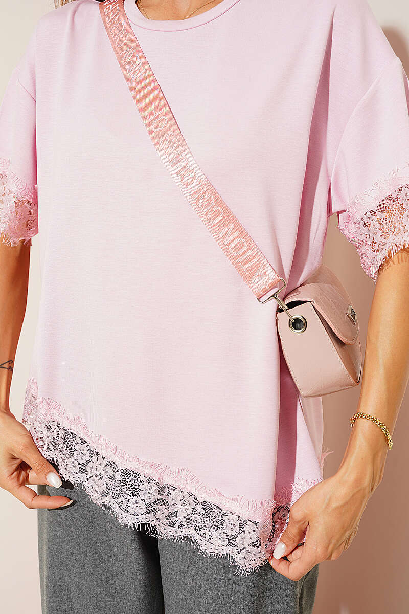T-Shirt with Lace Sleeves and Hem - Pink