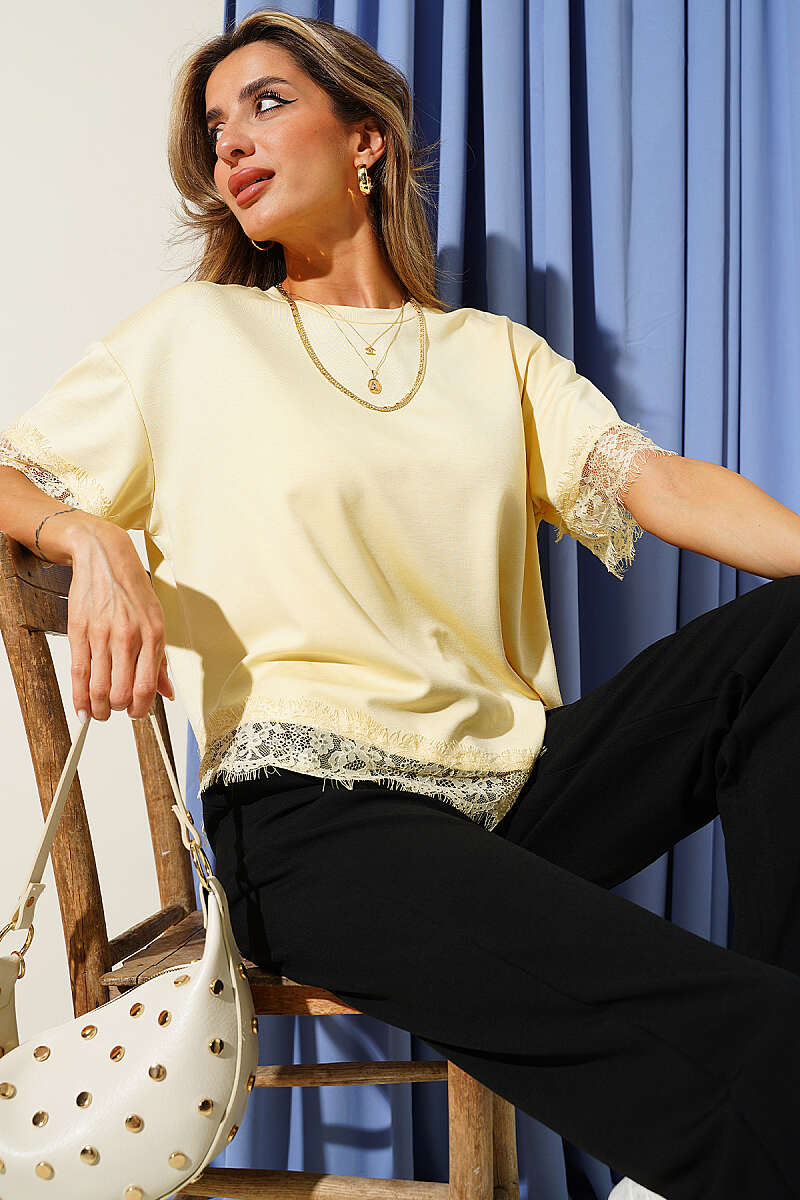 T-Shirt with Lace Sleeves and Hem - Yellow