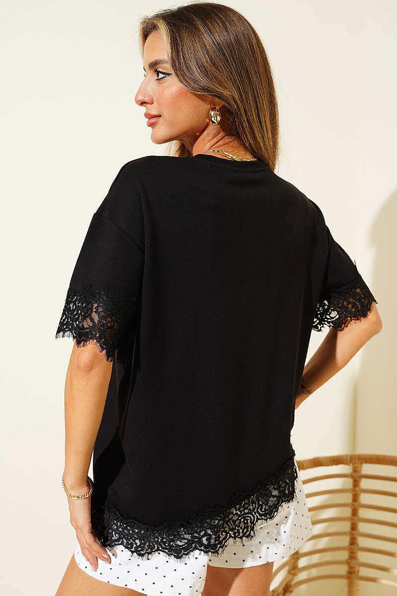 T-Shirt with Lace Sleeves and Hem - Black