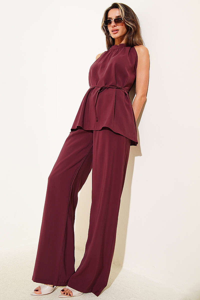 Sleeveless Two-Piece Set with Tie Cords - Burgundy