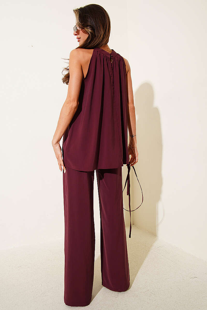 Sleeveless Two-Piece Set with Tie Cords - Burgundy