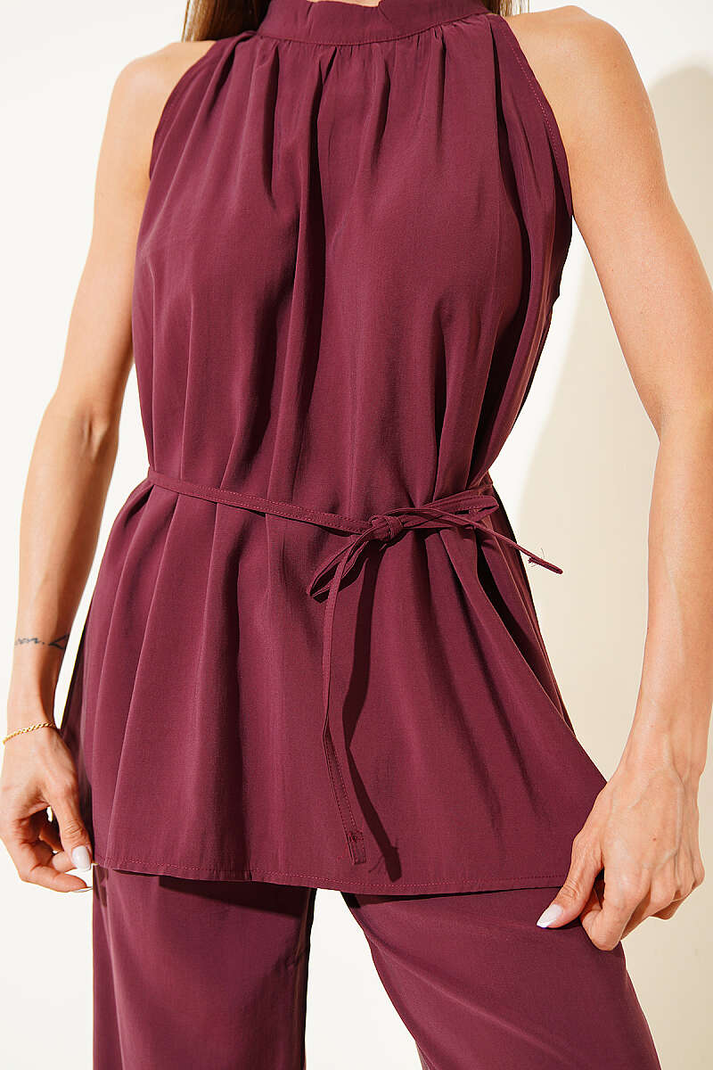 Sleeveless Two-Piece Set with Tie Cords - Burgundy