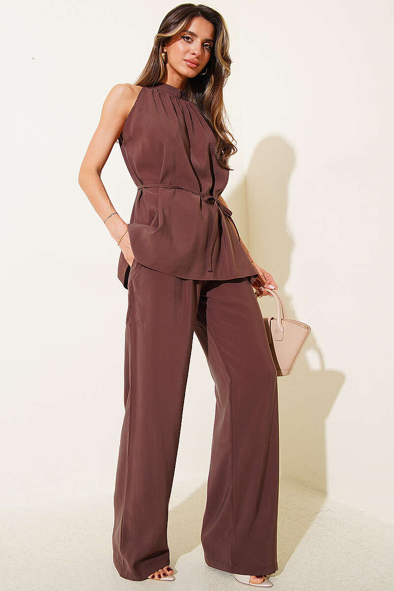 Sleeveless Two-Piece Set with Tie Cords - Brown