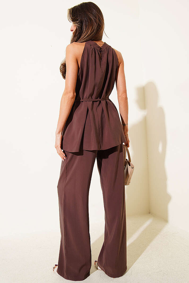 Sleeveless Two-Piece Set with Tie Cords - Brown
