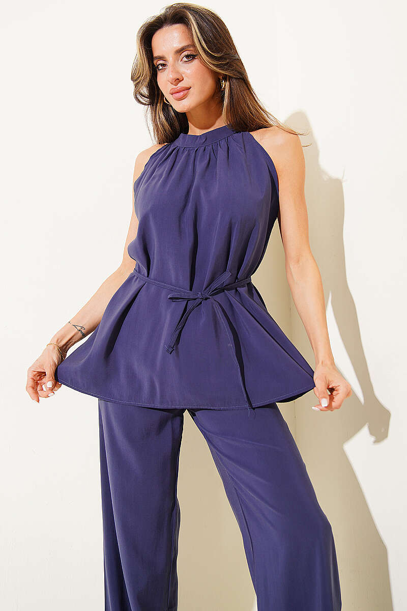 Sleeveless Two-Piece Set with Tie Cords - Navy