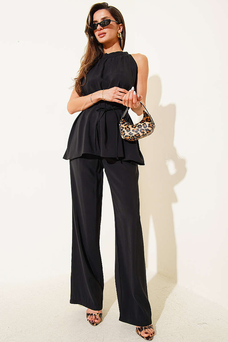 Sleeveless Two-Piece Set with Tie Cords - Black