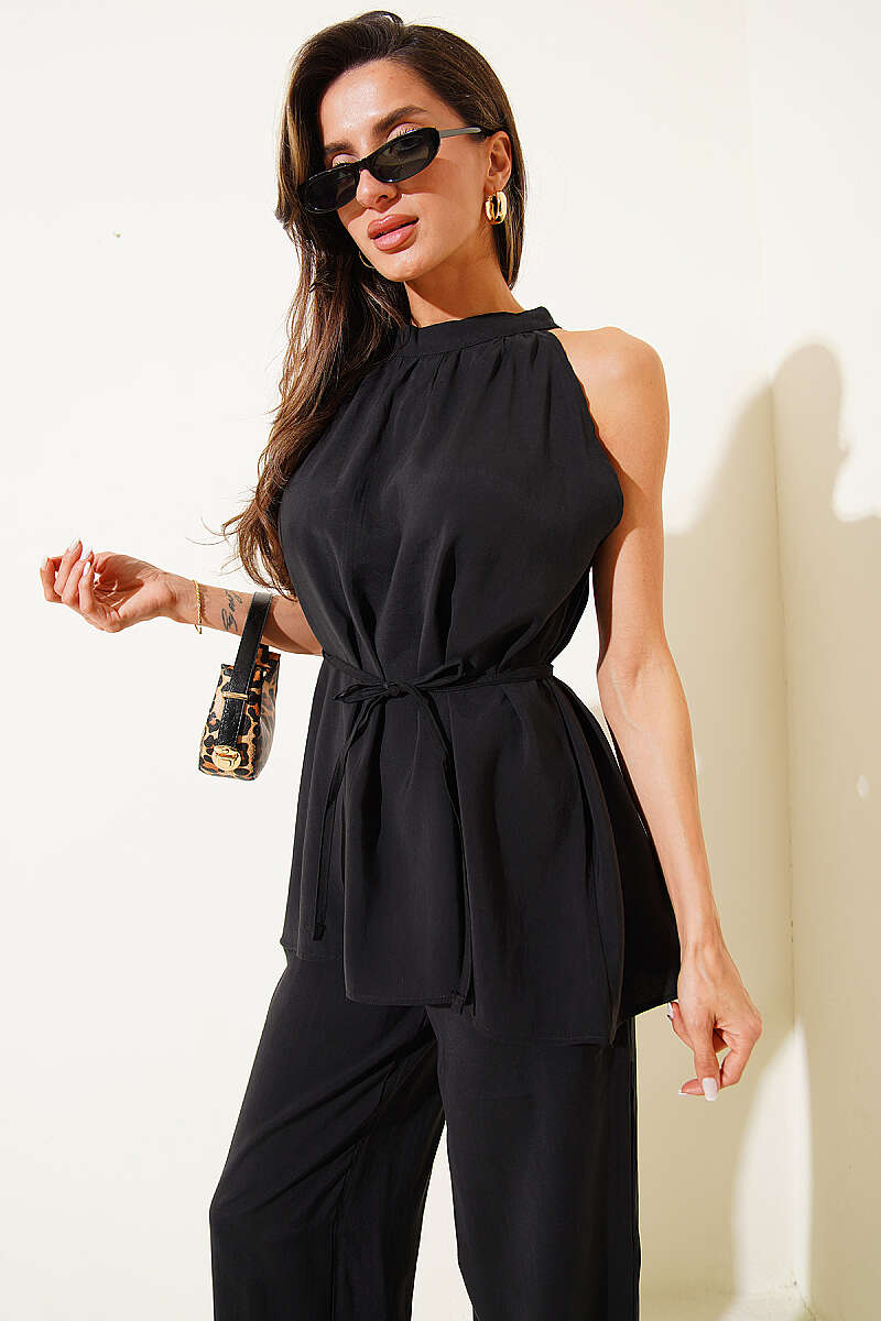 Sleeveless Two-Piece Set with Tie Cords - Black