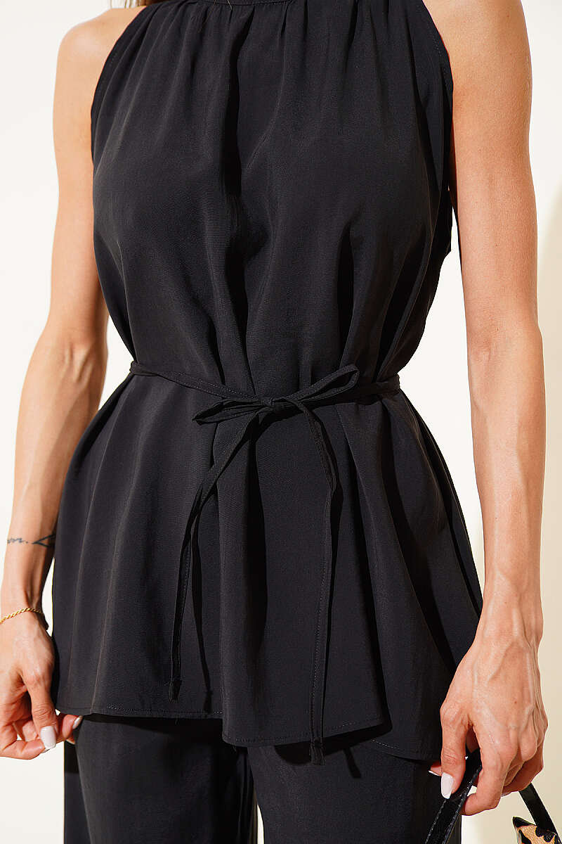Sleeveless Two-Piece Set with Tie Cords - Black
