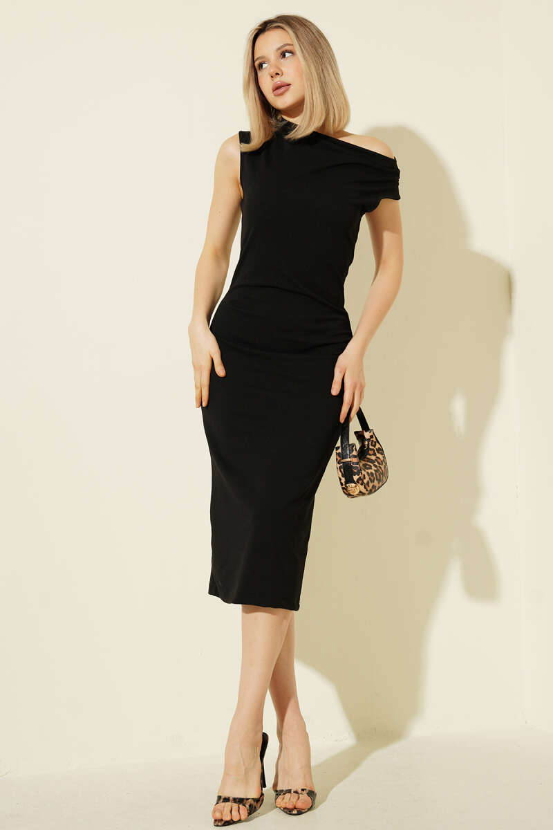 Sleeveless Boat-Neck Double-Knit Midi Dress - Black