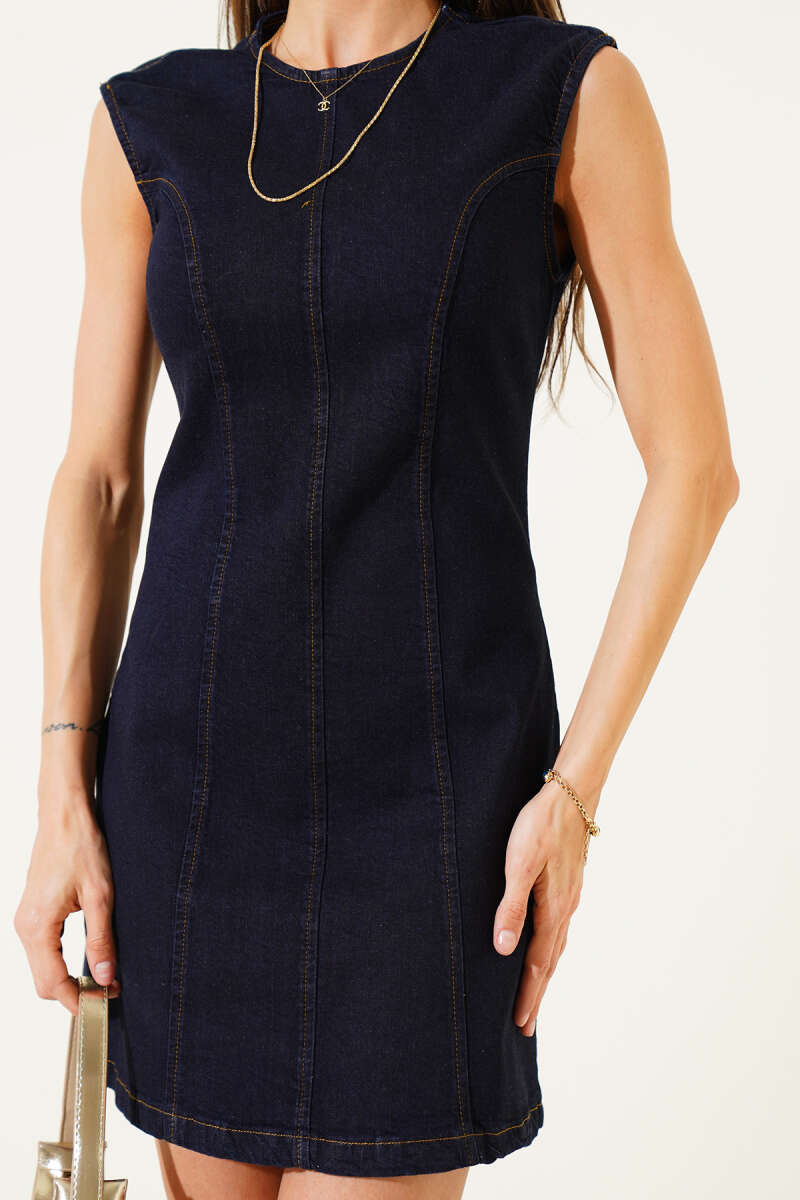 Sleeveless Short Denim Dress - Navy