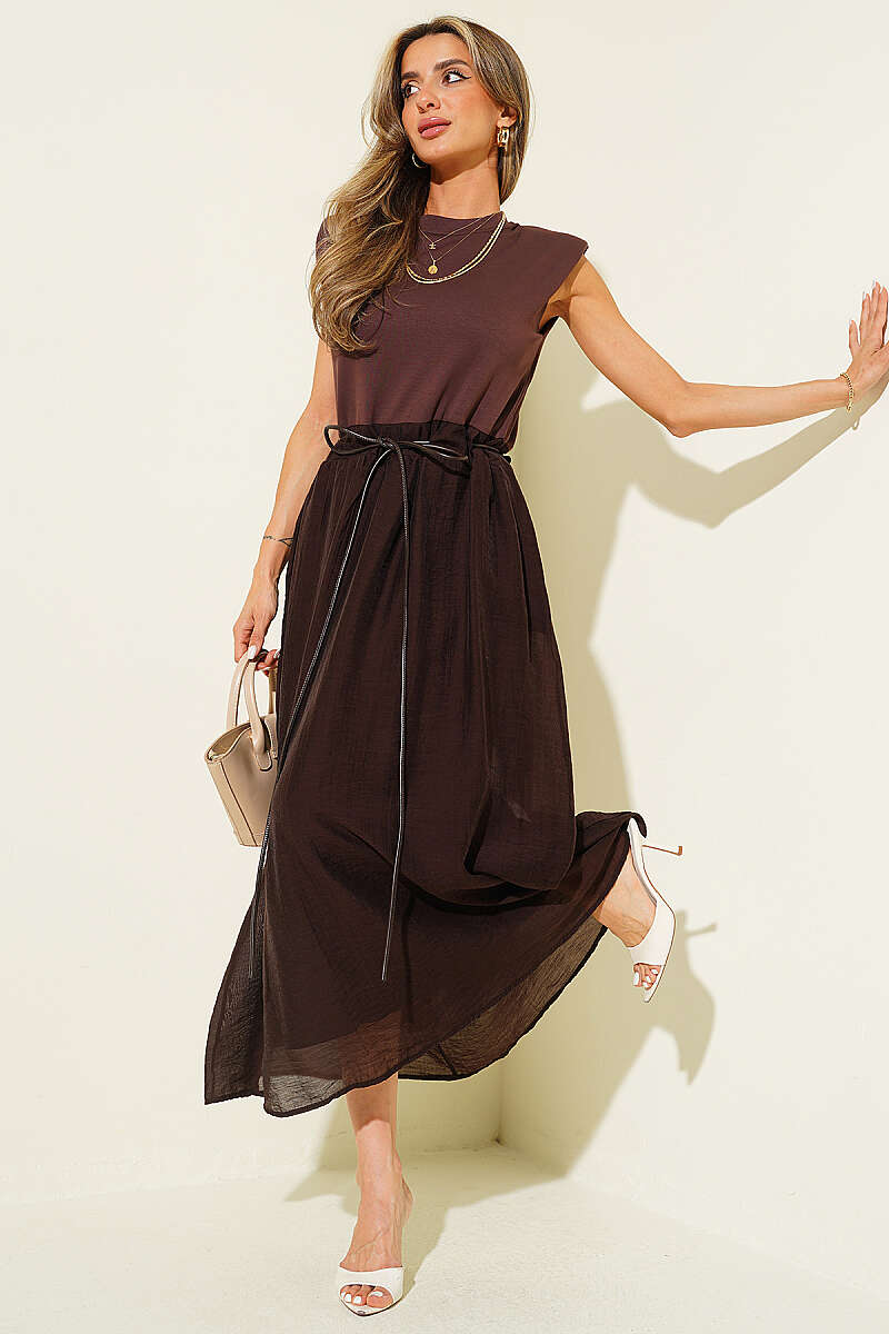 Sleeveless Midi Dress with Shoulder Pads - Brown