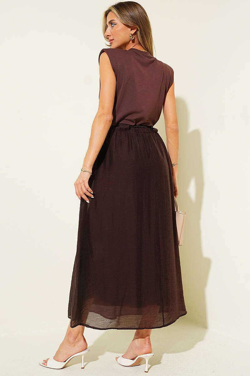 Sleeveless Midi Dress with Shoulder Pads - Brown