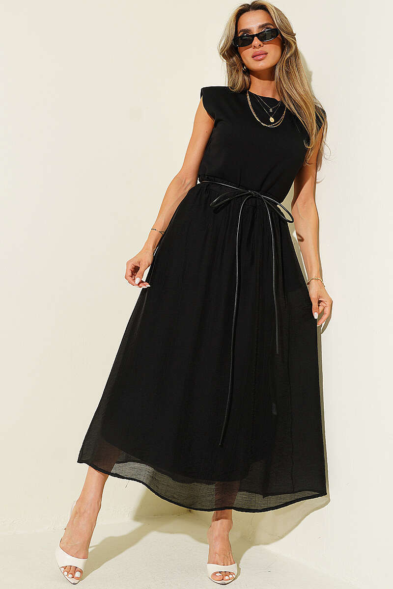 Sleeveless Midi Dress with Shoulder Pads - Black