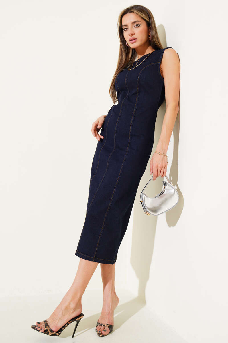 Sleeveless Long Denim Dress - Navy