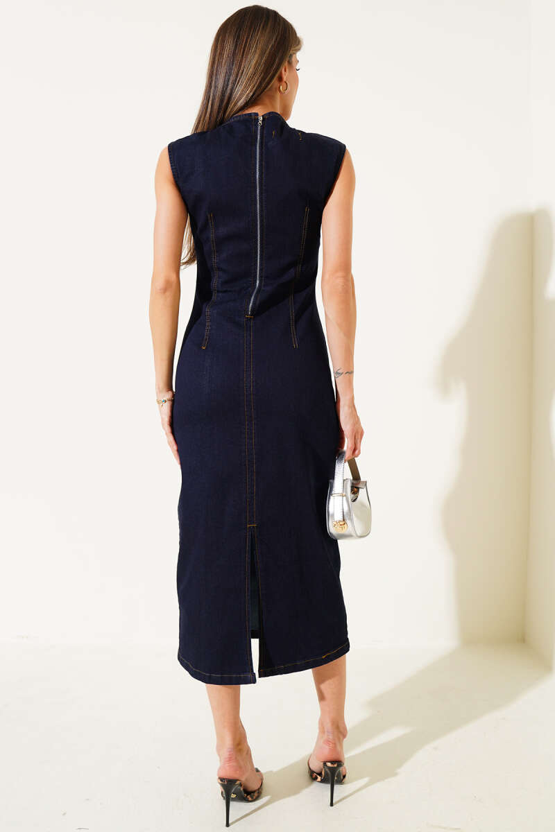Sleeveless Long Denim Dress - Navy