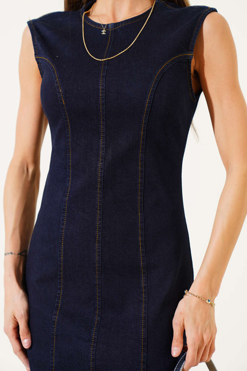 Sleeveless Long Denim Dress - Navy