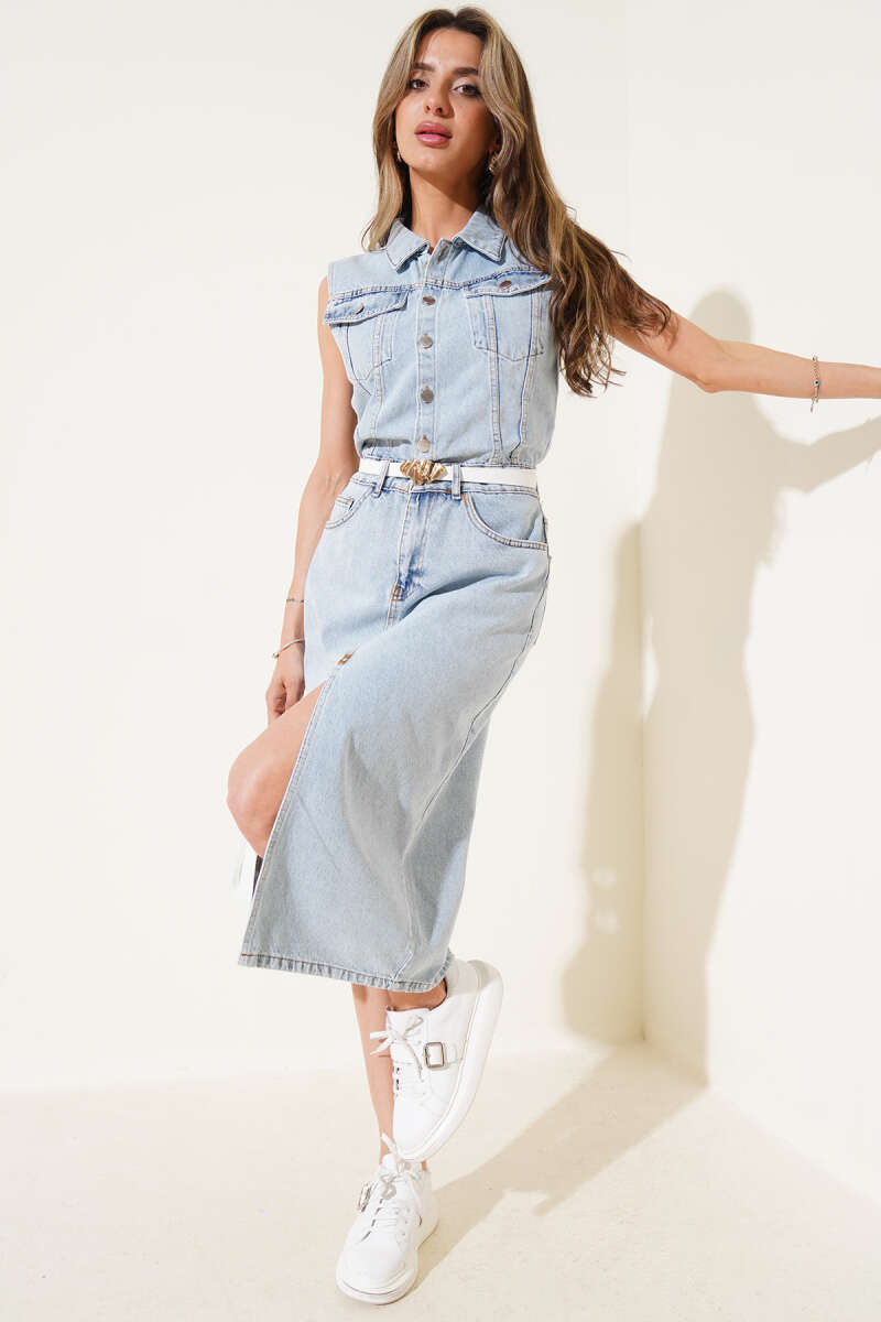 Sleeveless Denim Dress with Slit - Light Wash
