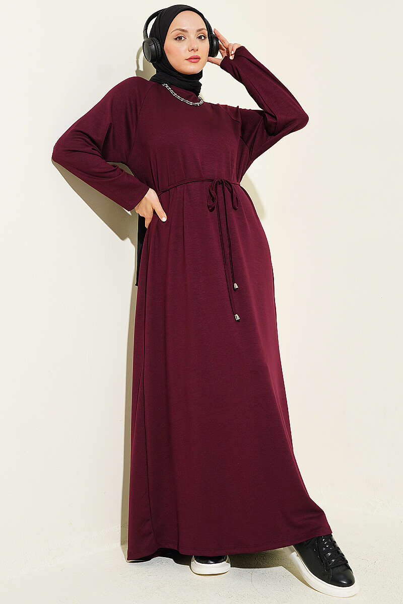 Jersey Dress with Sleeve Emblem and Cord Belt - Plum