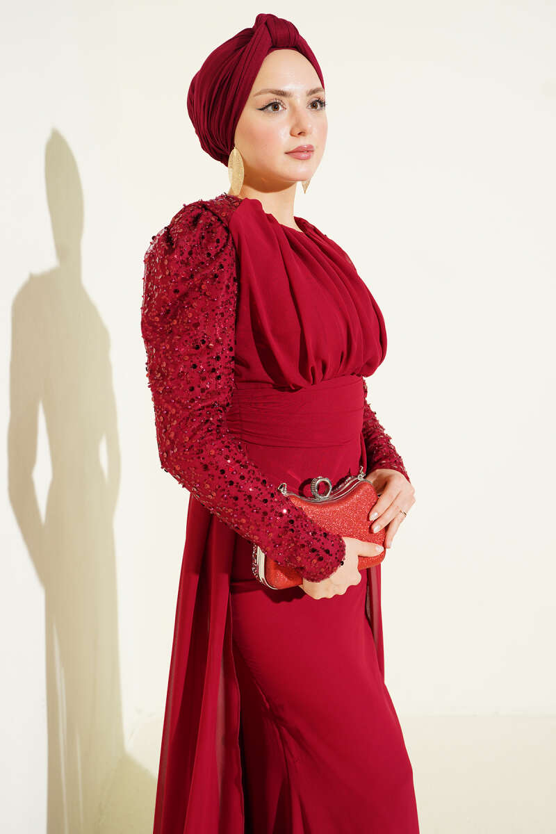 Cape Evening Dress with Sequin Sleeves - Burgundy