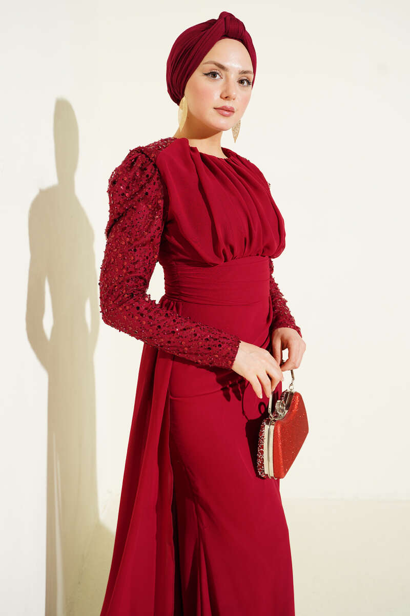 Cape Evening Dress with Sequin Sleeves - Burgundy