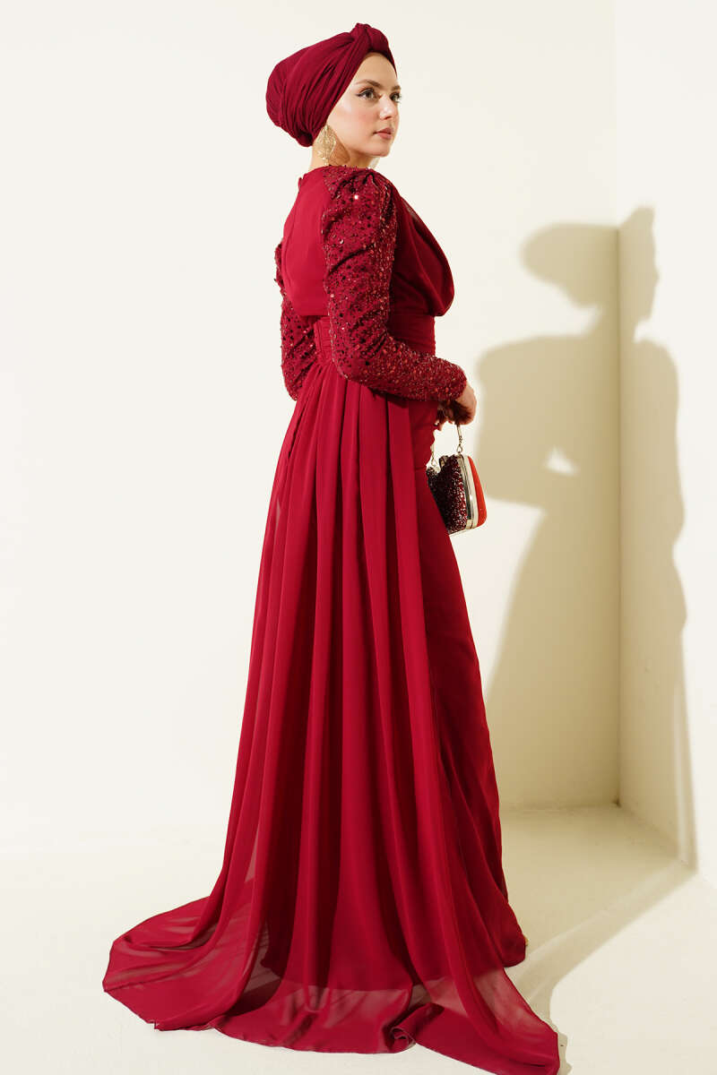 Cape Evening Dress with Sequin Sleeves - Burgundy