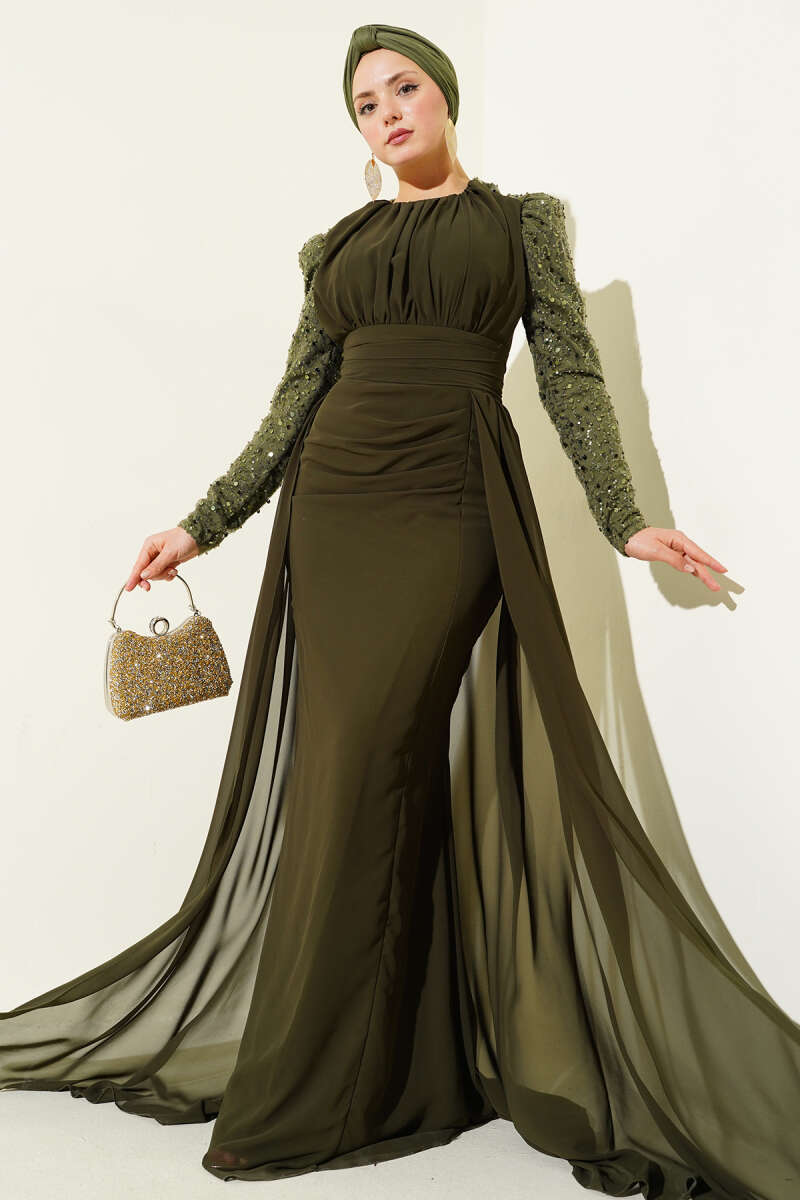 Cape Evening Dress with Sequin Sleeves - Khaki