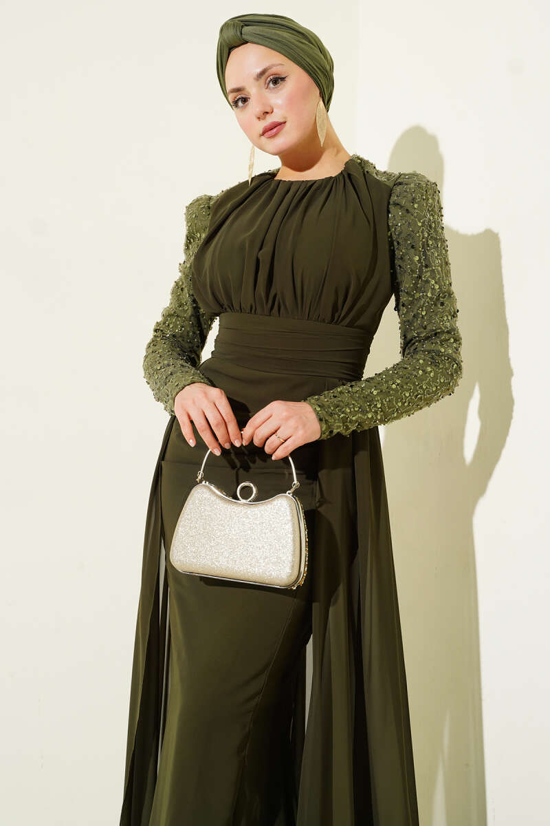 Cape Evening Dress with Sequin Sleeves - Khaki