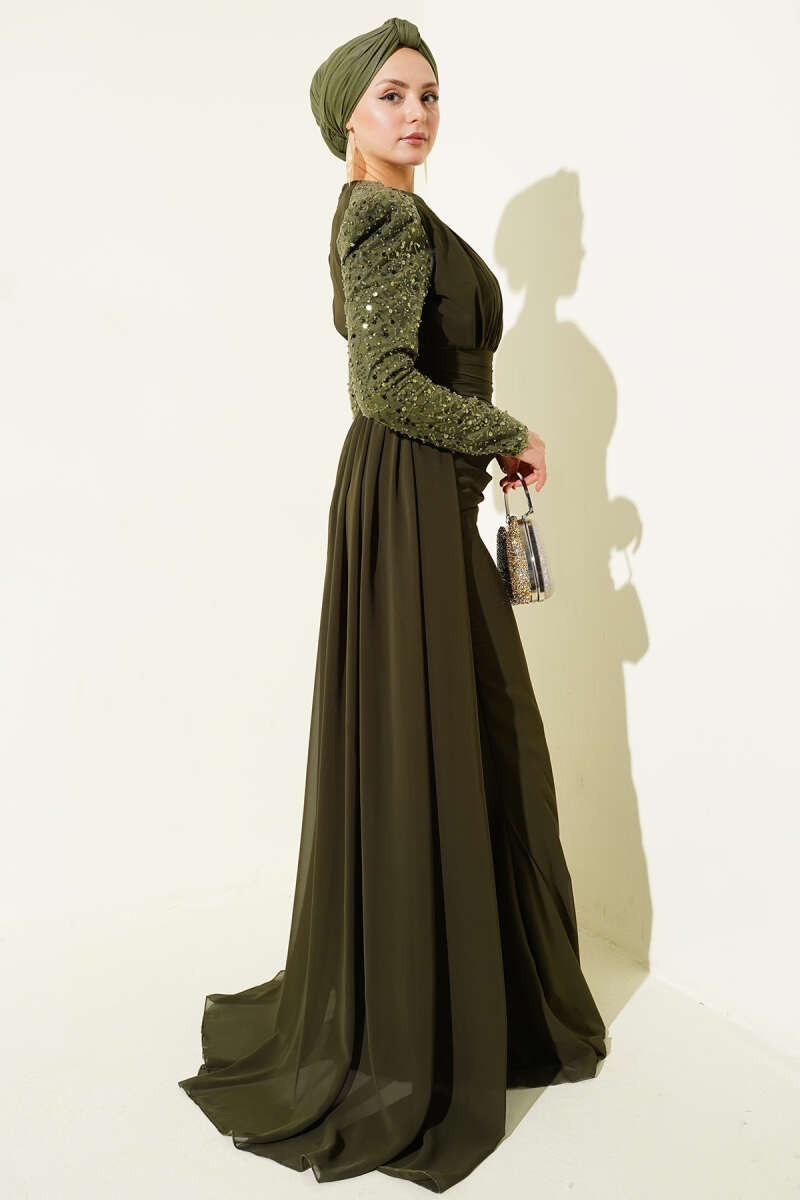Cape Evening Dress with Sequin Sleeves - Khaki