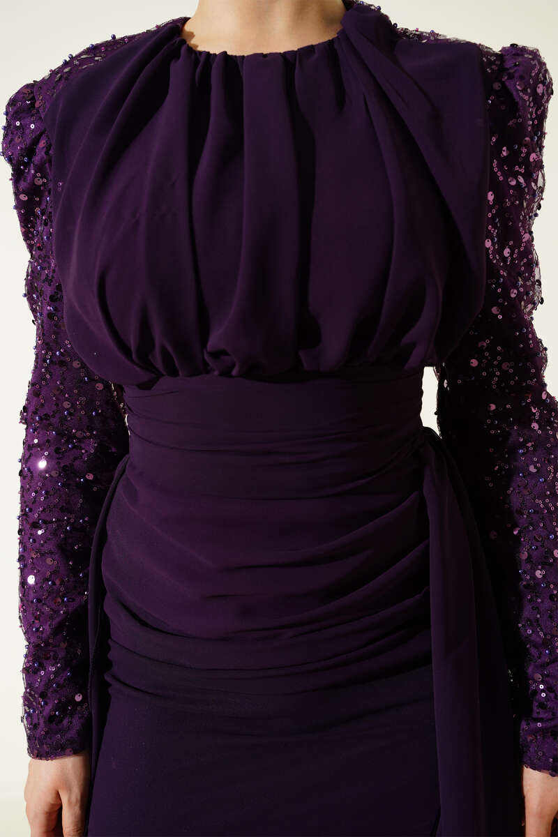 Cape Evening Dress with Sequin Sleeves - Purple