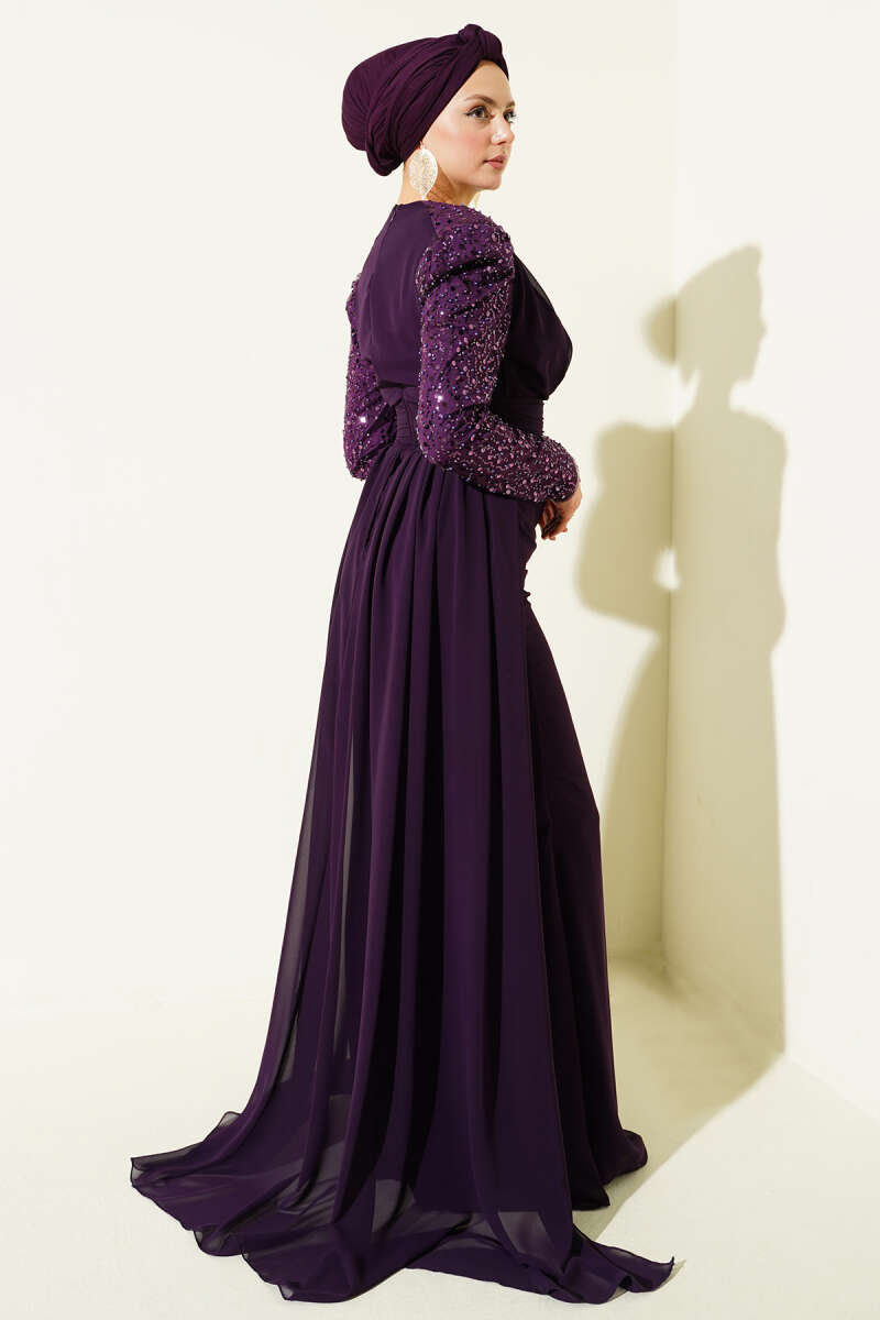 Cape Evening Dress with Sequin Sleeves - Purple