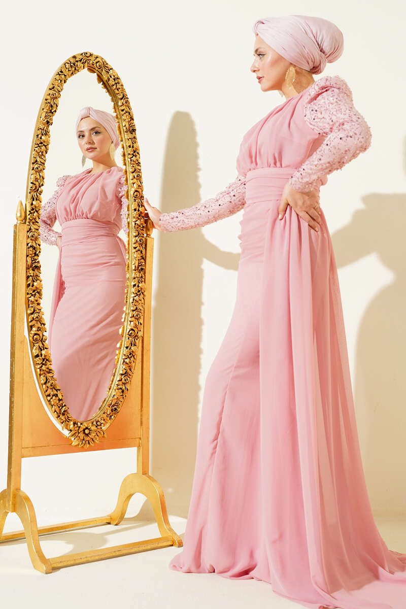 Cape Evening Dress with Sequin Sleeves - Pink