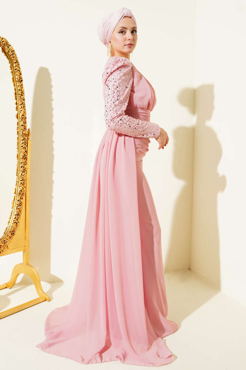 Cape Evening Dress with Sequin Sleeves - Pink