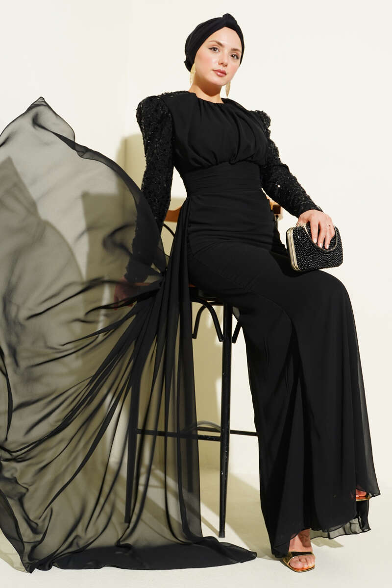 Cape Evening Dress with Sequin Sleeves - Black