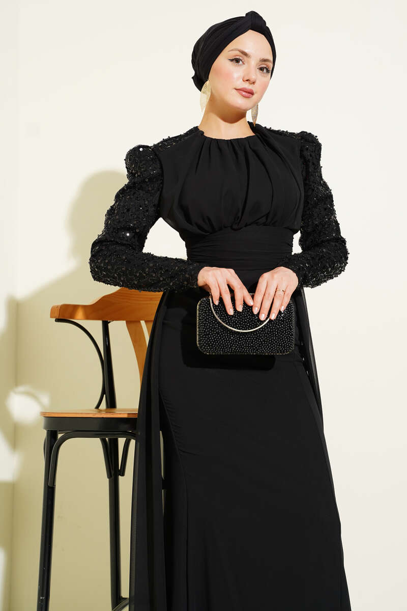 Cape Evening Dress with Sequin Sleeves - Black