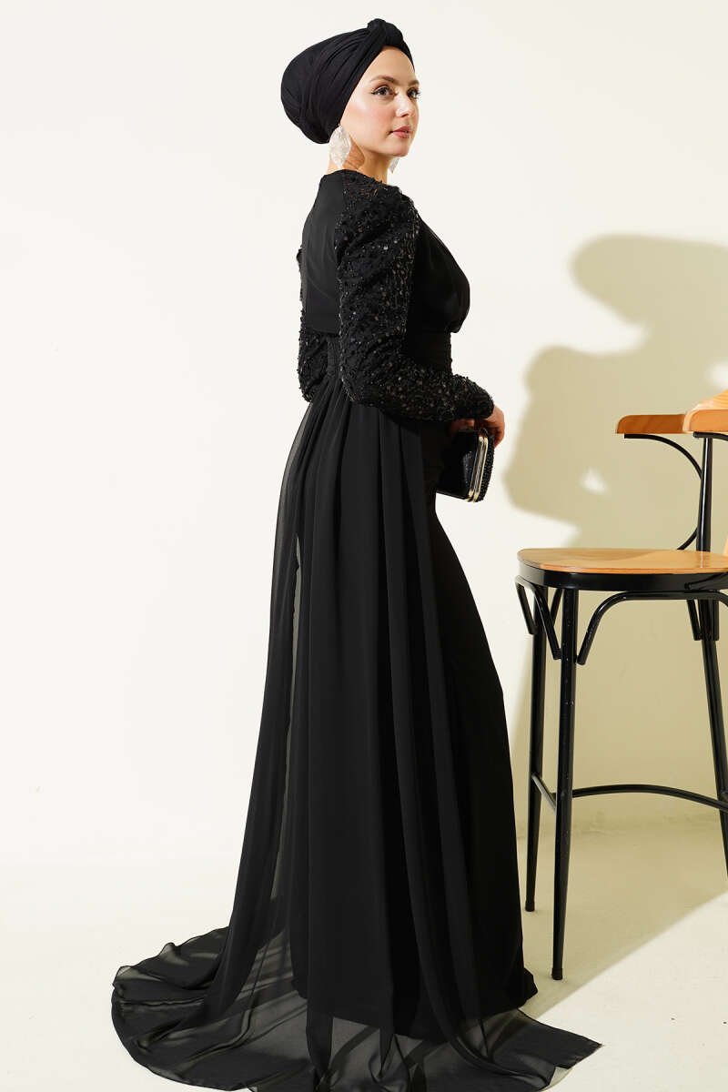 Cape Evening Dress with Sequin Sleeves - Black