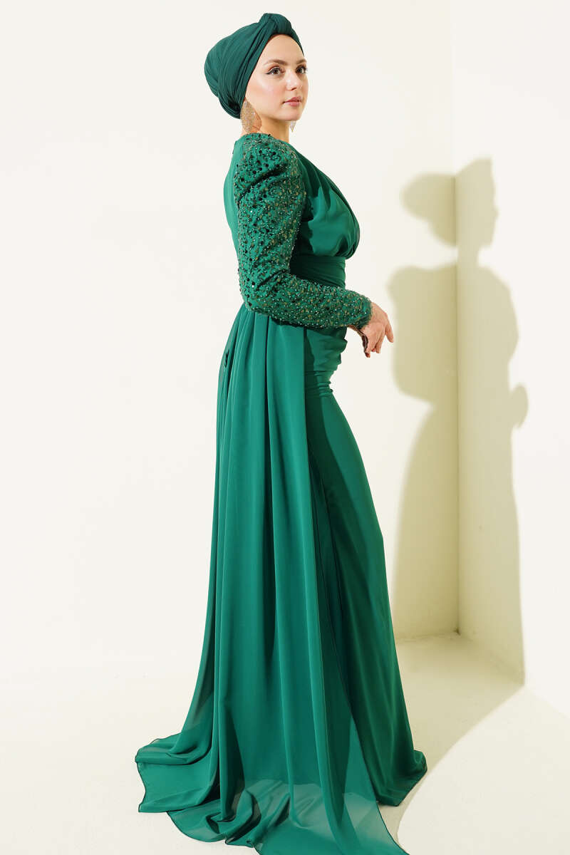 Cape Evening Dress with Sequin Sleeves - Emerald