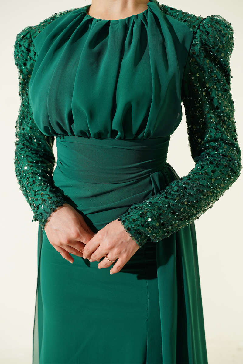 Cape Evening Dress with Sequin Sleeves - Emerald