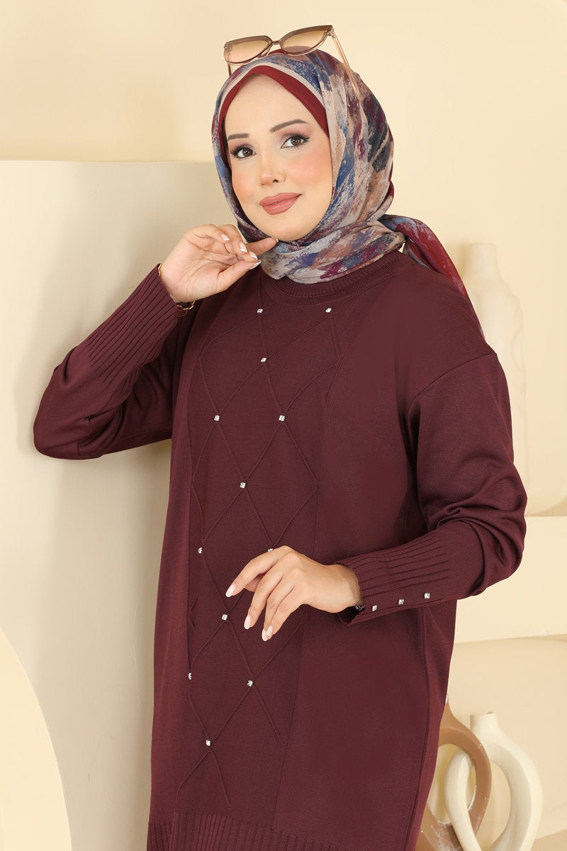 Tunic with Stone-Detail Sleeves - Burgundy