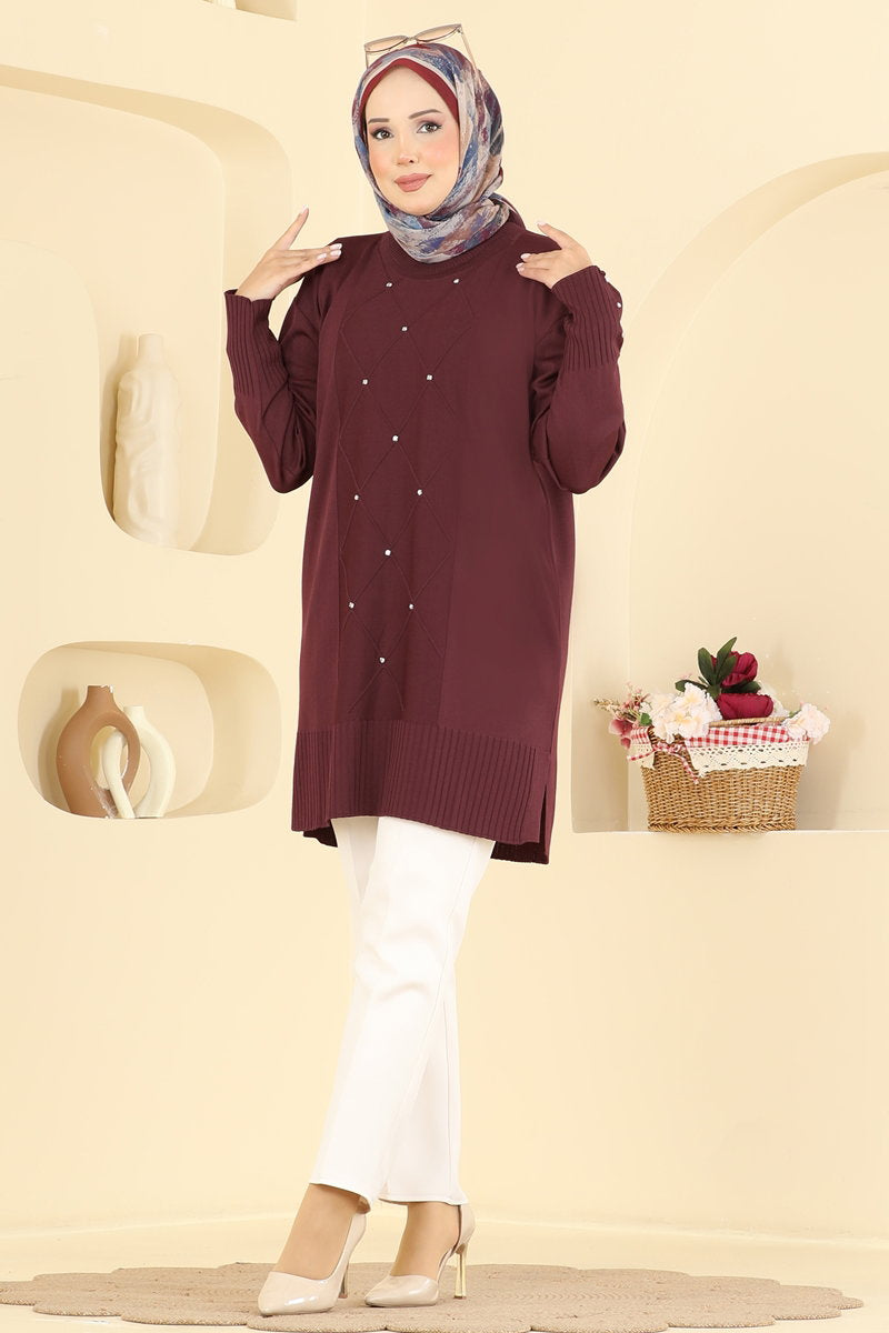 Tunic with Stone-Detail Sleeves - Burgundy