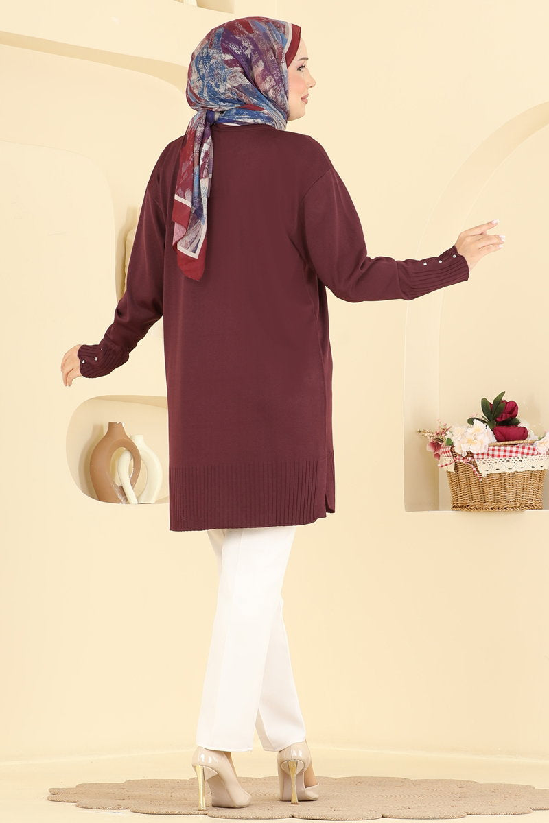 Tunic with Stone-Detail Sleeves - Burgundy