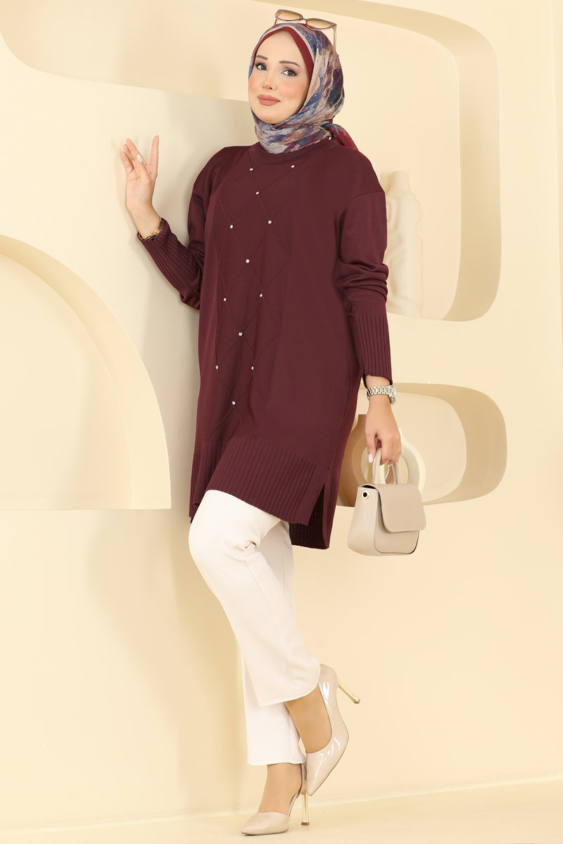Tunic with Stone-Detail Sleeves - Burgundy