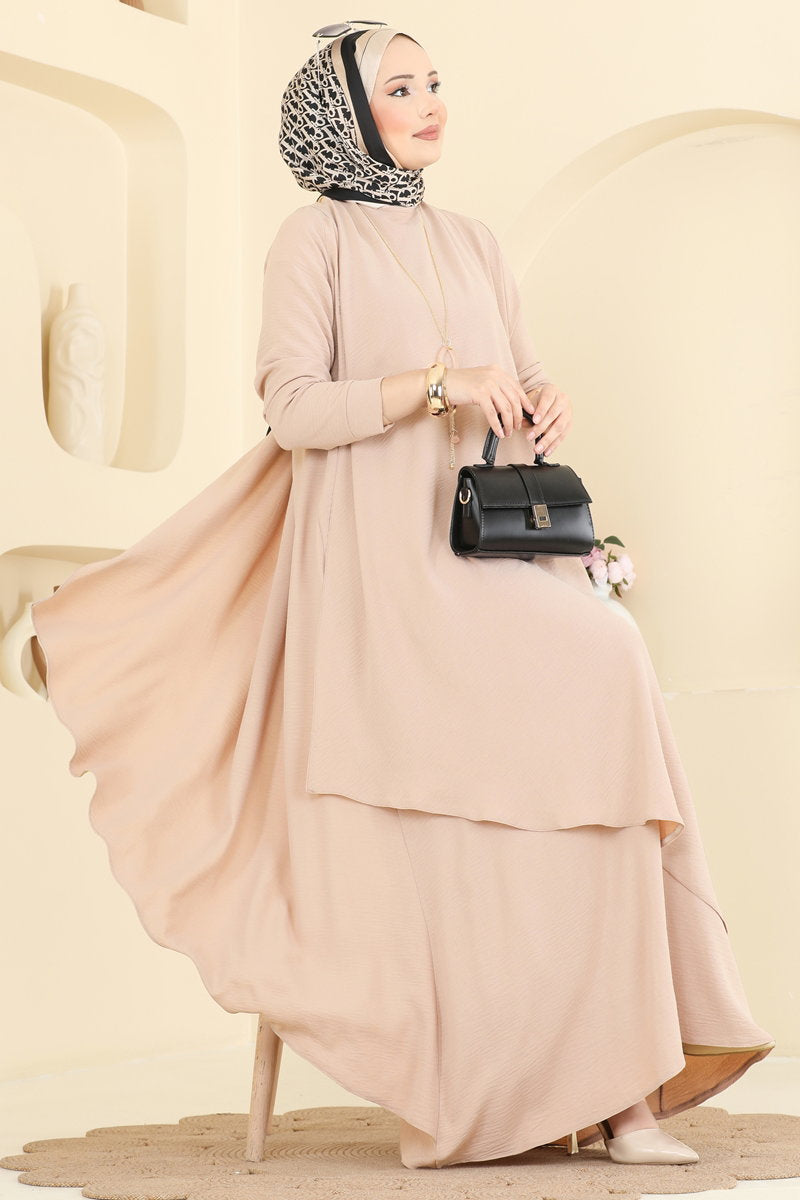Flounce Aerobin Dress with Necklace Accessory - Beige