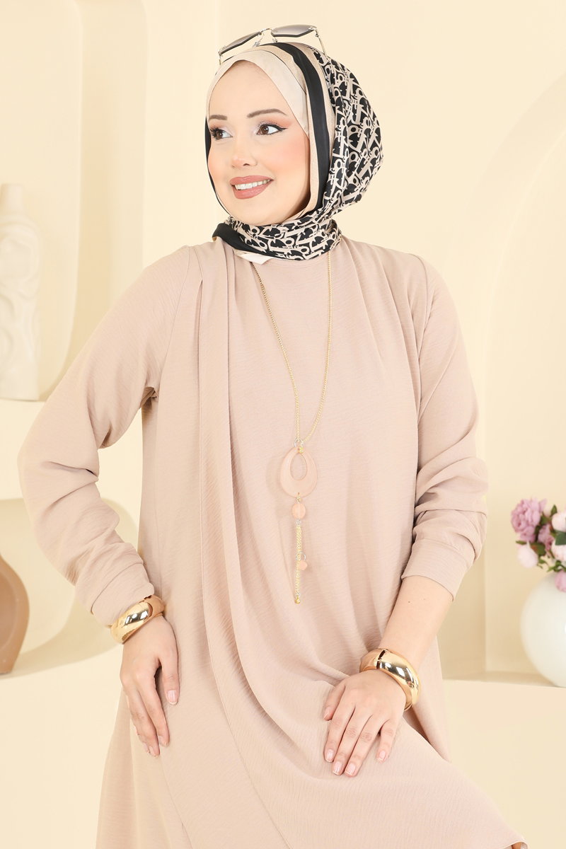 Flounce Aerobin Dress with Necklace Accessory - Beige