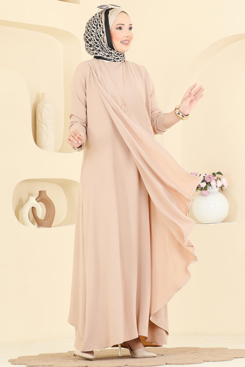 Flounce Aerobin Dress with Necklace Accessory - Beige