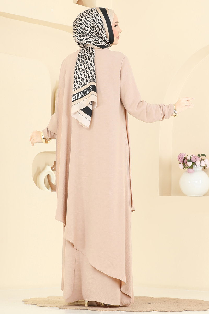 Flounce Aerobin Dress with Necklace Accessory - Beige