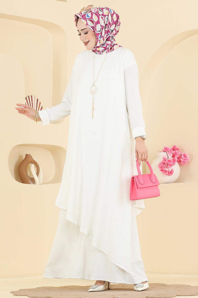 Flounce Aerobin Dress with Necklace Accessory - Ecru