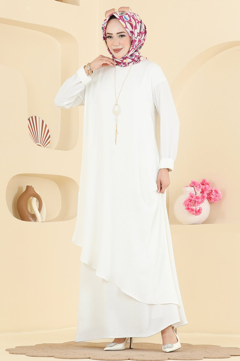 Flounce Aerobin Dress with Necklace Accessory - Ecru