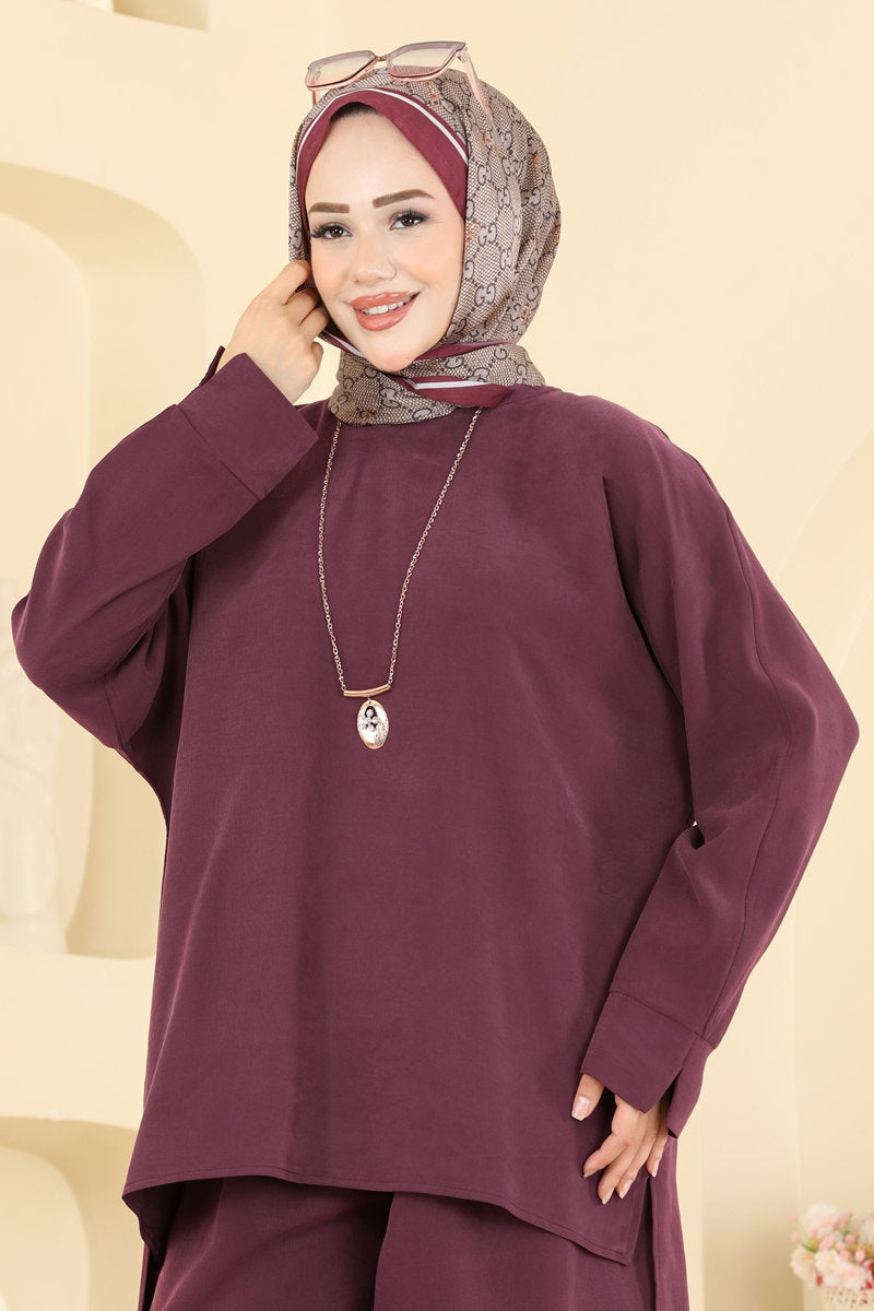 Two-Piece Set with Necklace Detail - Burgundy