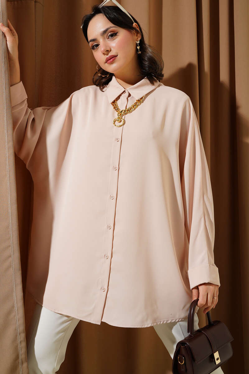 Loose Batwing Shirt with Necklace - Beige