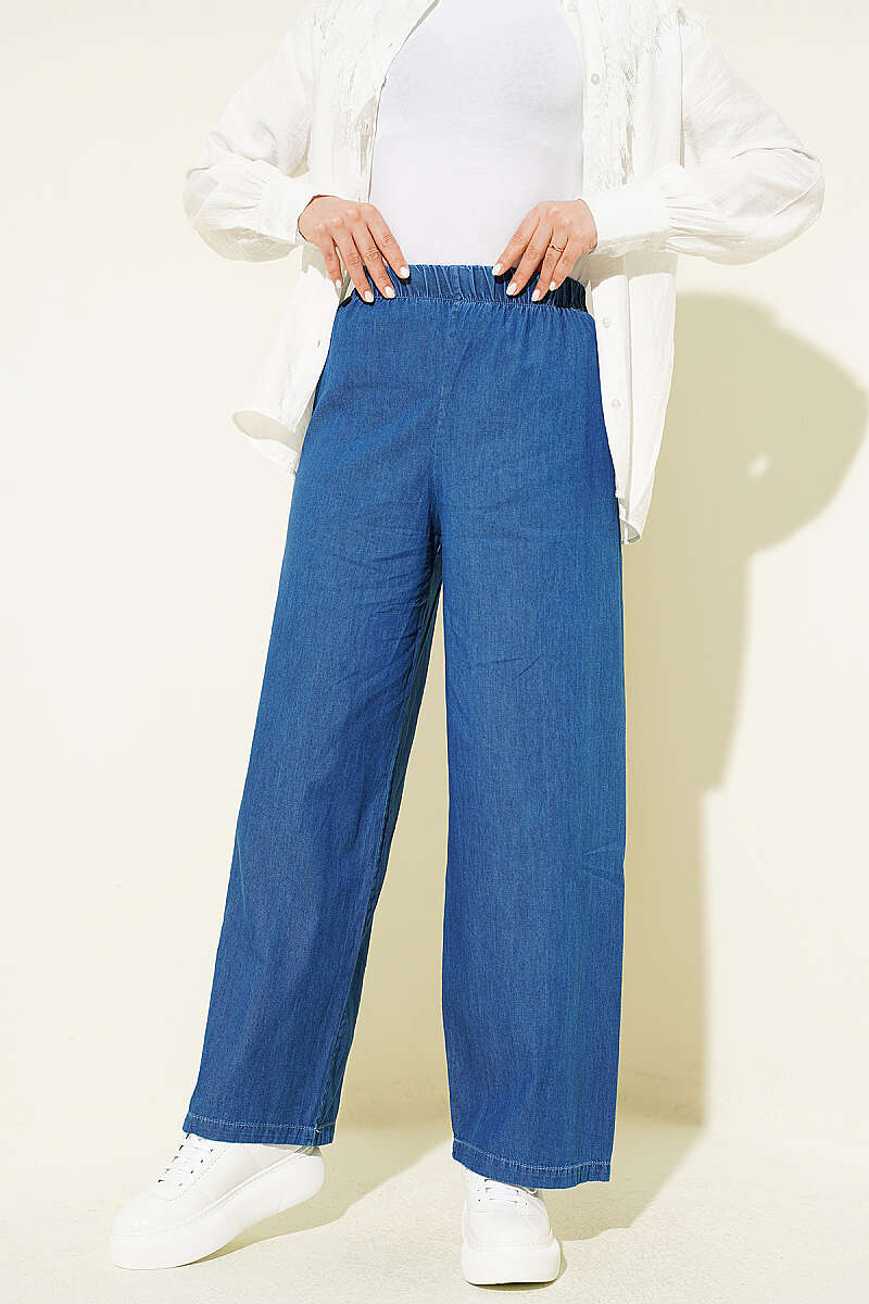 Wide-Leg Denim Trousers with Elastic Waist - Denim Blue